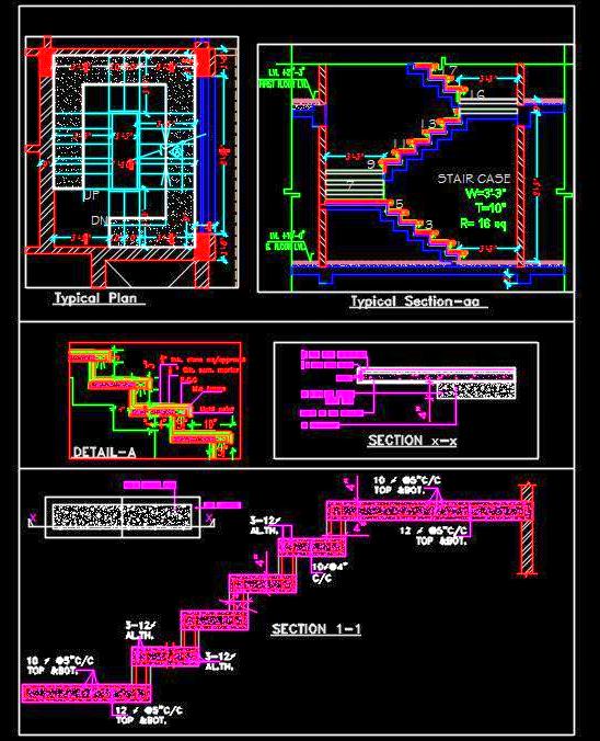 R.C.C. & Metal Frame Staircase Autocad Design with Lighting